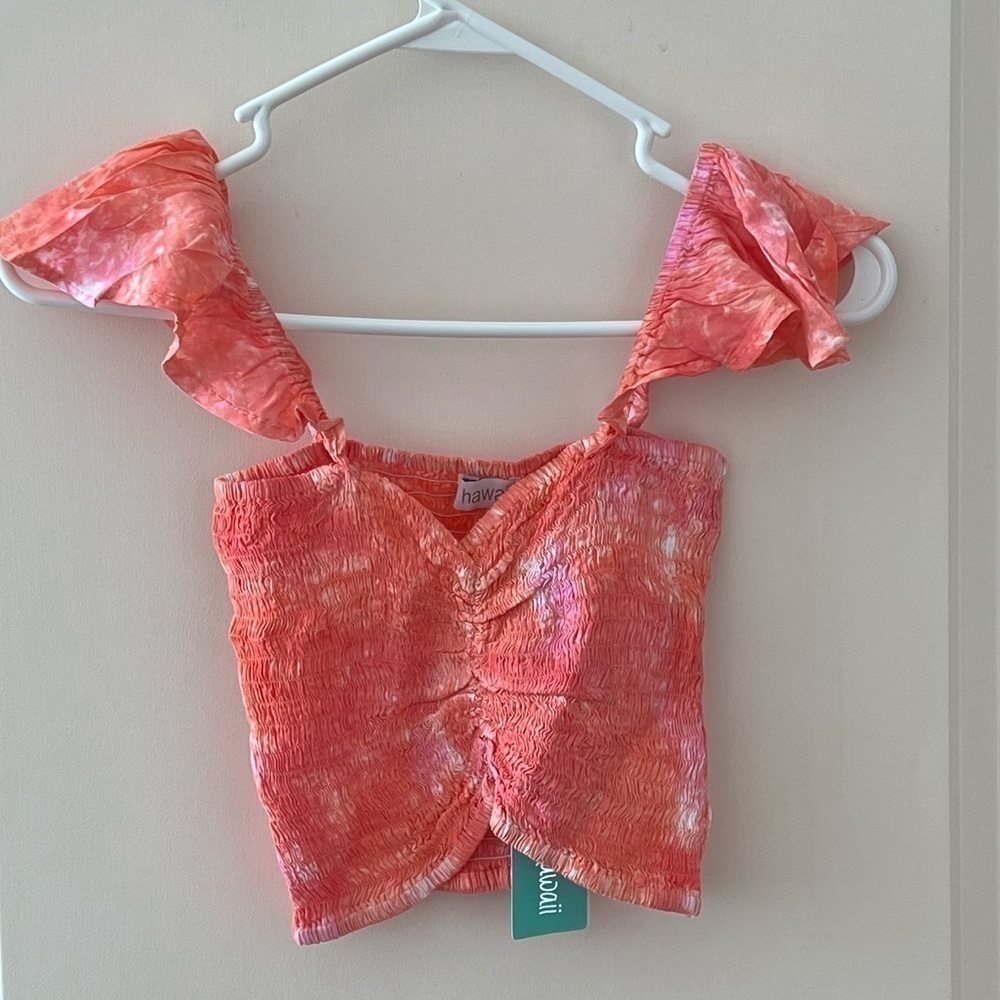 Tiare Hawaii Off the Shoulder Hollie One Size Crop Top in Pink Coral Smoke